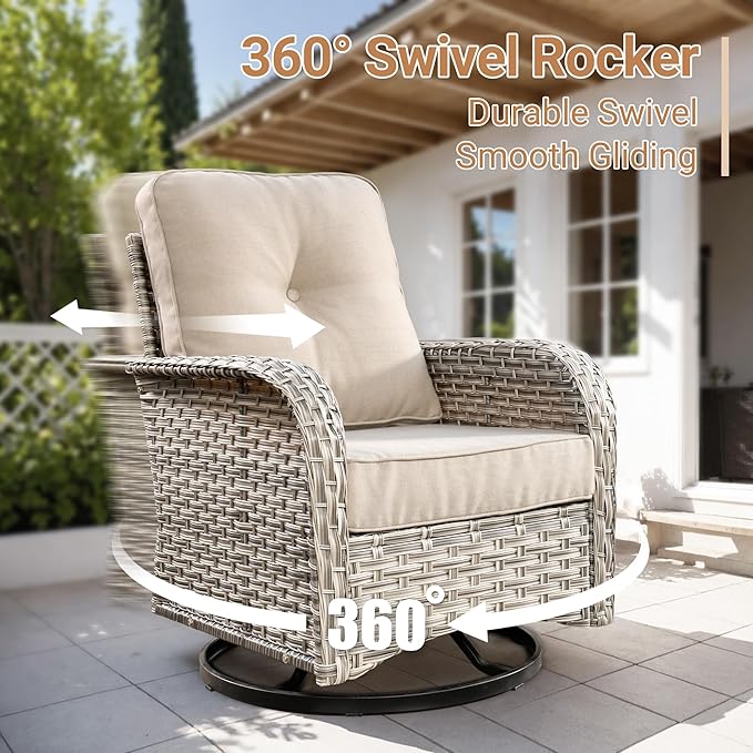 HOOOWOOO Outdoor Patio Furniture Set,8 Pieces Wicker Out Door Sectional Furniture L Shaped Couch,Patio Conversation Sets with Swivel Rocking Chair LED Table,Beige