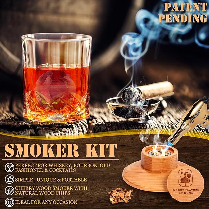Old Fashioned Cocktail Smoker Kit for Whiskey, Bourbon, and Drinks with Cherry Smoker, Natural Wood Chip Flavors, Culinary Torch, Ice Cube Spheres, 2 Coasters, 2 Glasses