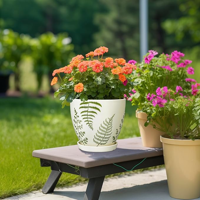 Ceramic Plant Pot 8.2 Inch - Ceramic Planter for Indoor Plants, Boho Round Decorative Outdoor Flower Pot with Drainage Hole and Saucer, Housewarming Gifts, Office Home Garden Decor, White