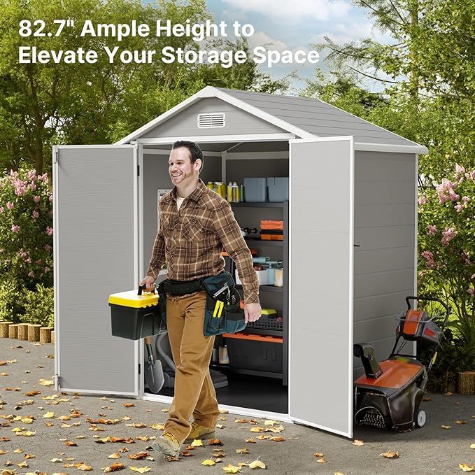 Gizoon 6x4.4 FT Resin Storage Shed Outdoor, Resin Shed with Floor, Garden Shed Weather Resistant Plastic Tool Shed with Lockable Door for Backyard, Garden, Patio, Lawn, Grey