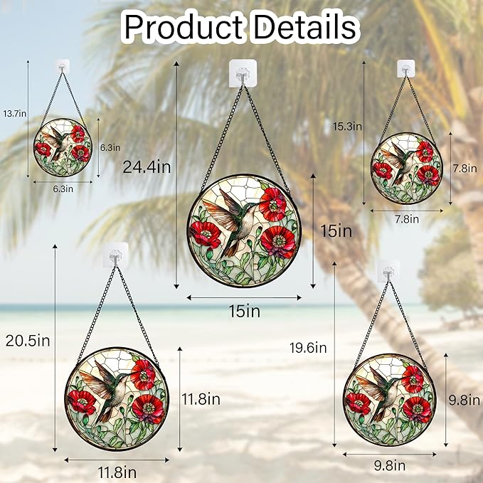 Stained Glass Window Hanging - Green Hummingbird Red Flower Suncatcher for Door Terrace Garden Home Decor Bird Landscape Sun Catcher Birthday Gifts for Lovers Women Men Dad Mom Nana 7.8 in