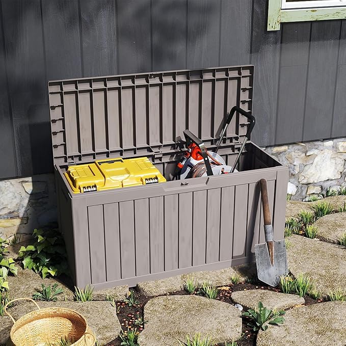 80 Gallon Coffee Resin Deck Box - Rustic Outdoor Storage for Garden Tools, Patio Essentials & Package Delivery - Weatherproof, Lockable for Farmhouse Decks