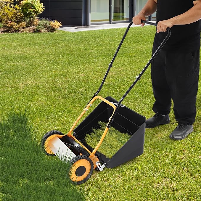 Lawn Mower, Wheeled Reel Mower with Grass Catcher Adjustable Height Manual Reel Push Walk Behind Dual for Cottage, Residential, Backyard, Park Landscaping (14 Inch)