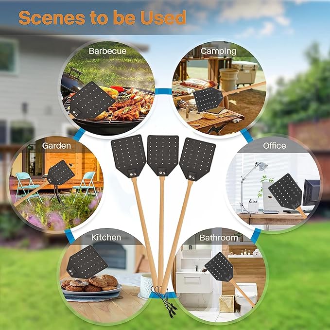 Heavy Duty Leather Fly Swatter, Long Handle Fly Swatter with Beech Wood Handle 19.7" Length, Flyswatter for Indoor and Outdoor (Black)