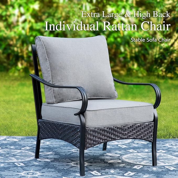 Sophia & William Patio Furniture Set, 4 Piece Metal Outdoor Conversation Set with 3-Seater Outdoor Couch, 2 Sofa Chairs, 1 Coffee Table for Outdoor Seating, Backyard, Porch(Grey)