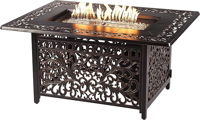 Oakland Living Black Aluminum Patio Fire Table Set with Deep Seating Sofa with Cushion and Two Club Chairs with Black Cushions