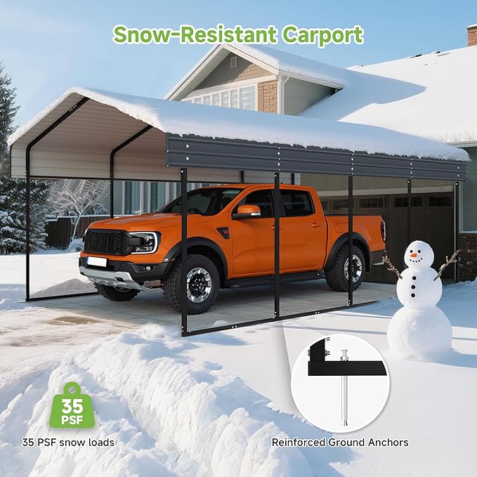 12'x20' Heavy Duty Metal Carport, Outdoor Garage Car Shelter Shade with Heavier Frame, Galvanized Roof for Car and Boats, Grey