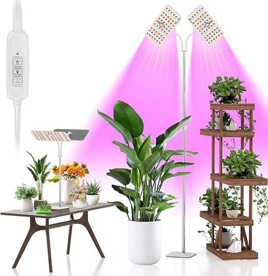 KINGPLUS Grow Lights with Base, Double Head, Full Spectrum LED Grow Light for Indoor Plants, 240 Leds, 4 Dimmable Levels, Timer 4/8/12h, 12-60inches Height Adjustable, 36w, Ideal for Desk Small Plants