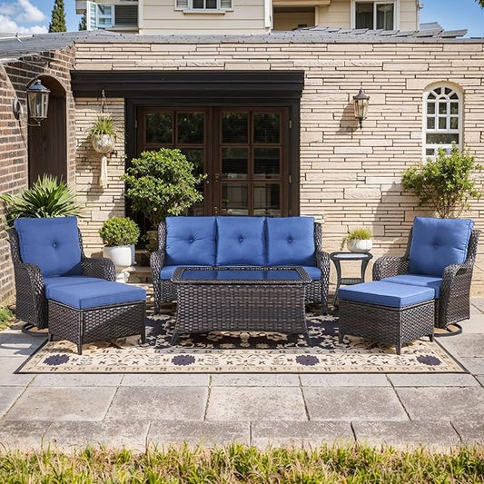 Wicker Rattan Patio Furniture Set - 7 Pieces Outdoor Couch with Swivel Chairs, Ottomans and Coffee Table for Deck, Poolside, Backyard - Brown/Blue