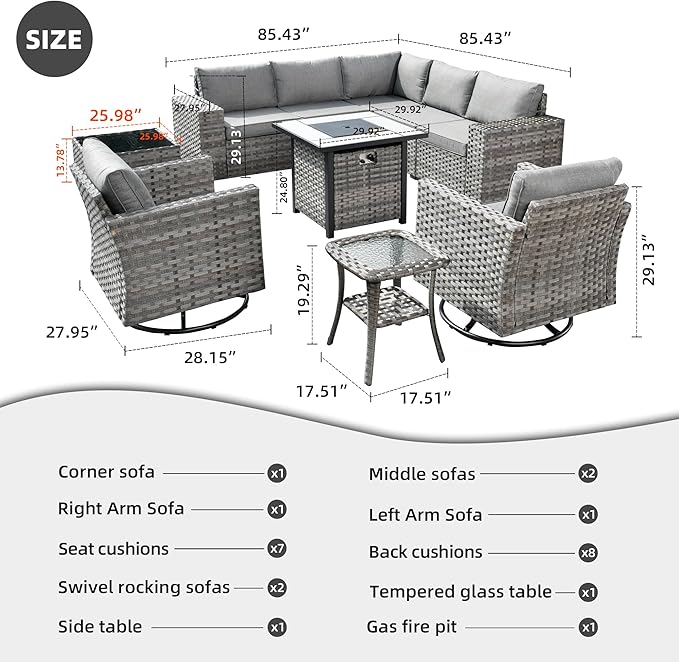 HOOOWOOO 10 Piece Modular Patio Outdoor Sectional Furniture Set with Gas Propane Fire Pit Table,Wicker Conversation Sofa Set with Swivel Chairs,Outside Couch Set(Dark Grey)