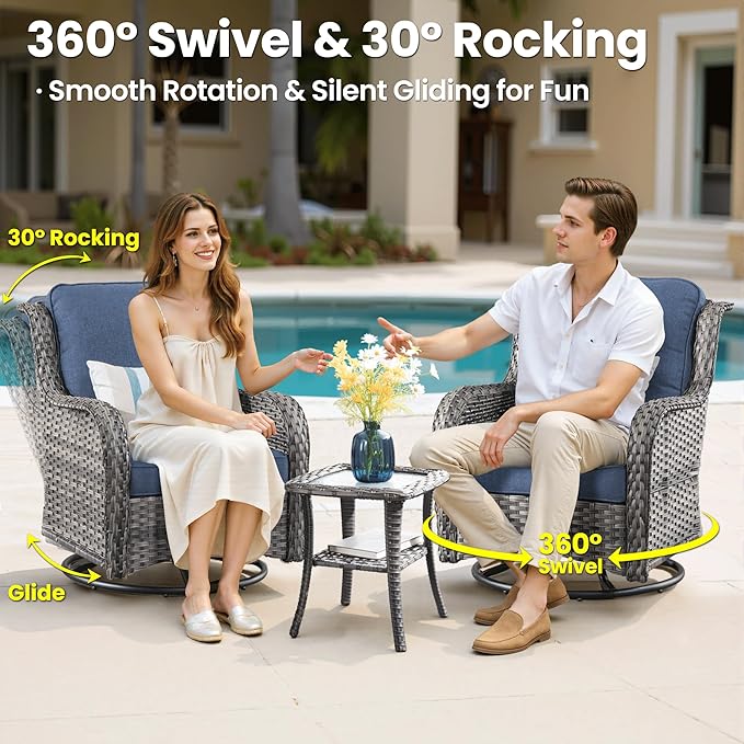 ovios 8 Pieces Patio Furniture Set, Outdoor Wicker Sofa Couch with Swivel Chairs 42" Fire Pit Table, All Weather High Back Modern Conversation Sets, Grey Rattan, Denim Blue