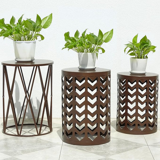 HFHOME Set of 3 Metal Side End Tables Nightstand, Nesting Round Coffee Table for Indoor Outdoor, Heavy Duty Metal Plant Stand for Living Room Garden Stool - Pure Brown (Ship from US)
