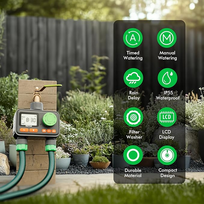 [2 Pack] RESTMO 2 Zone Sprinkler Timer, Programmable Water Timer for Garden Hose, Automatic Digital Control | Manual ON/Off | Rain Delay for Outdoor Faucet, Drip Irrigation and Lawn Watering System