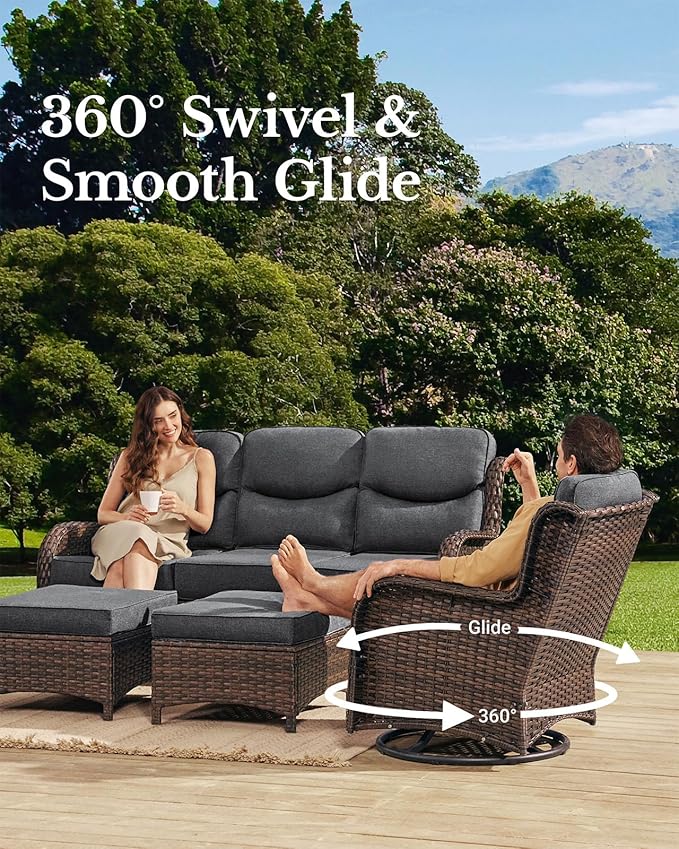 HILLGA Luxury Patio Furniture Set with 6-inch Thick Cushion, Outdoor Couch and High Back Swivel Rocker Patio Chairs, 7PCS Wicker Conversation Set for Deck Yard and Poolside, Dark Grey (V2)