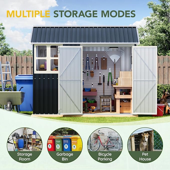 Breezz 6X8FT Outdoor Steel Storage Shed with Clear Window, Lockable Doors, Weather-Resistant Metal Tool Shed for Garden, Backyard, Patio, and Utility Storage.Nightblue
