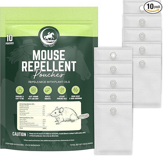 Deb's Ranch Cinnamon & Peppermint Mouse Repellent Pouches | 25% Essential Oils | Hangable Rodent Deterrent for House, RV & Car, 10-Pack