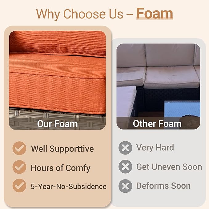 HOOOWOOO Outdoor Patio Furniture Set,7 Pieces Wicker Out Door Sectional Furniture L Shaped Couch,Outside Patio Conversation Sets with LED Table,Orange Red