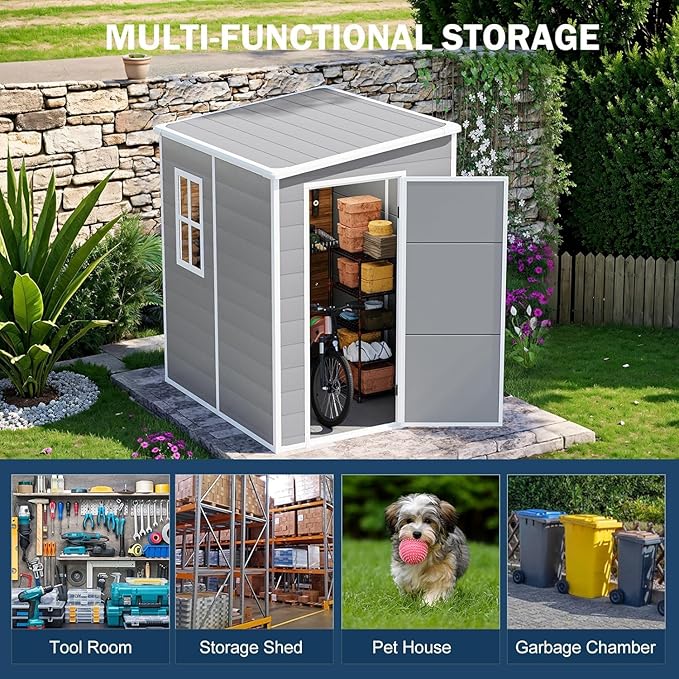 5x4 FT Small Resin Shed, Waterproof Outdoor Shed with Floor, Window, Double Lockable Doors & 2 Vents, Outside Plastic Sheds for Garden Patio Backyard, Sloped Roof, Grey