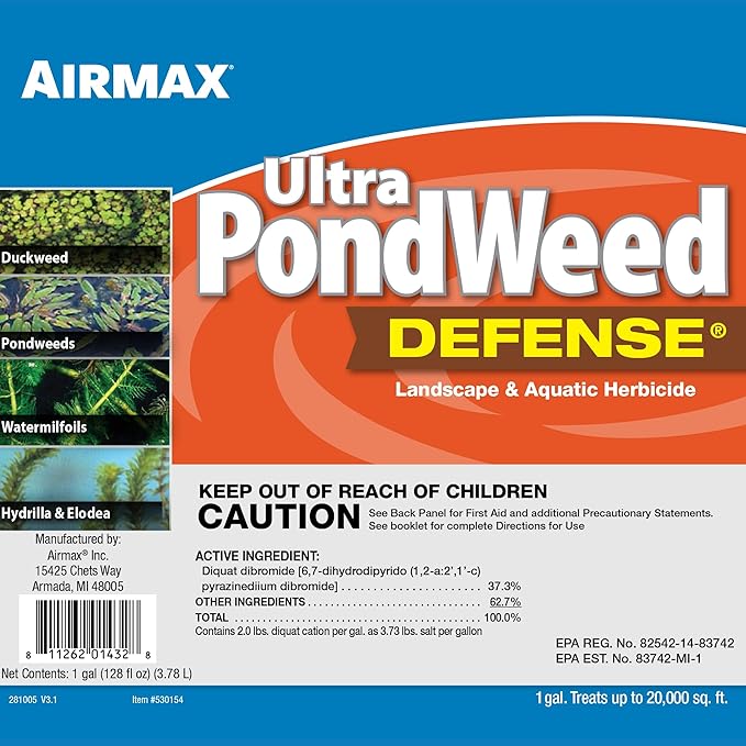 Airmax Ultra Pondweed Defense Aquatic Weed & Plant Killer, Easy Spray Application to Clean & Clear Large Pond & Lake Water, Liquid Treatment Control Concentrate, Fish Safe, 1 Quart