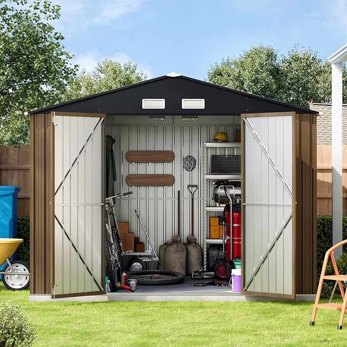 10X10X7.5 FT Outdoor Steel Storage Shed with Lockable Doors, 2 Windows, Frame Floor (No Wood/Other Boards), Ideal for Garden, Backyard, Patio Storage,Brown