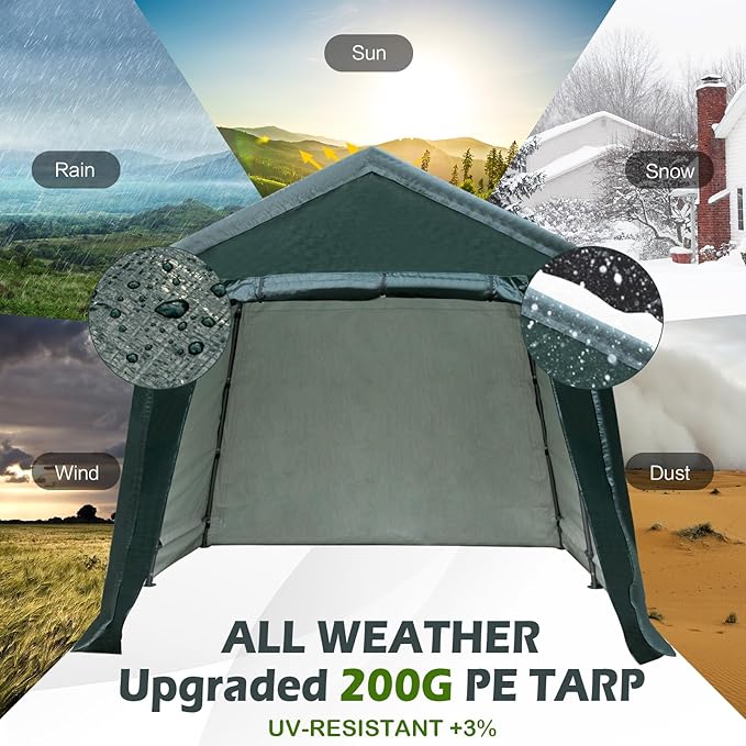 ERGOMASTER 8 Ft x 14 Ft Outdoor Carport Patio Storage Shelter Metal Frame and Waterproof Ripstop Cover for Motorcycle and ATV Car