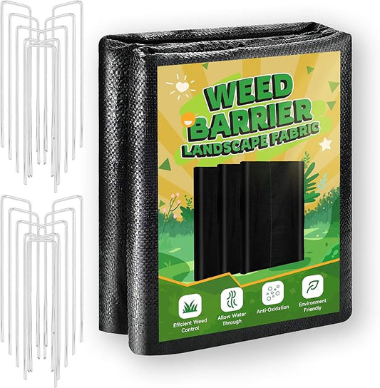 4FT x 50FT Weed Barrier Landscape Fabric Heavy Duty, 3.2oz Premium Gardening Weed Control Mat with 20 U-Shaped Securing Pegs, Ground Cover for Garden Beds, Farming, Underlayment, Commercial Driveway