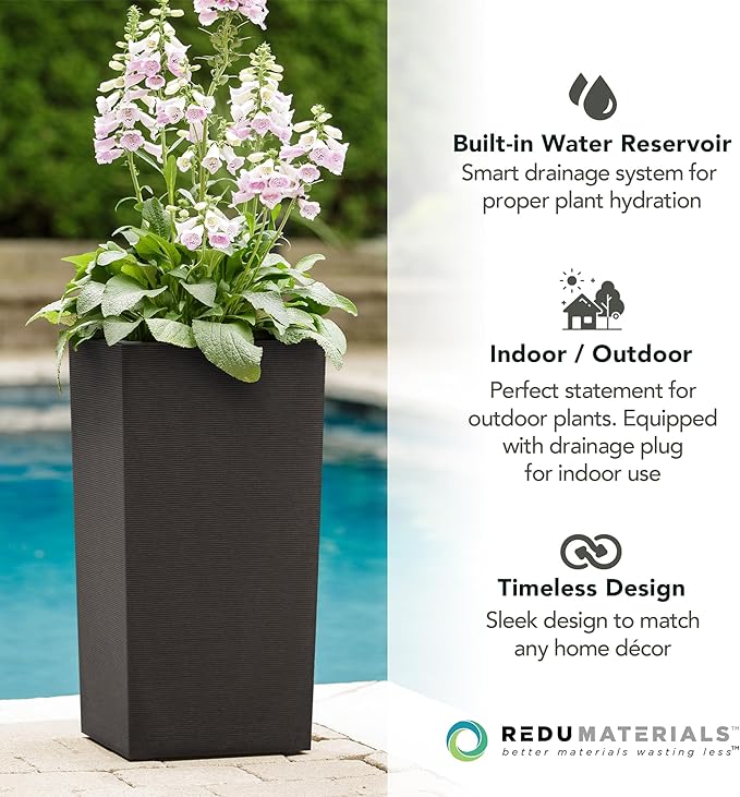 Tierra Verde Indoor & Outdoor Self-Watering Square Planter, Citadel Horizon, 13.5" x 26", Black - Planting Containers for Plants and Flowers - Gardening and Landscaping Accessories