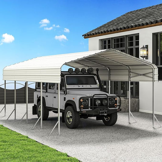 12x20' Heavy Duty Metal Carport – Sturdy Structure, All-Weather Protection, Easy Assembly for Cars, Trucks, Boats, Tractors, and Outdoor Storage (White, 12x20FT)