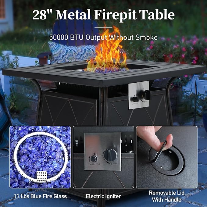 5 Piece Metal Outdoor Patio Furniture Set with Fire Pit Table, Patio Conversation Sets 4 Swivel Chairs with 5.75" Thick Cushion and 5000 BTU Fire Pit Table, Backyard Furniture, Blue
