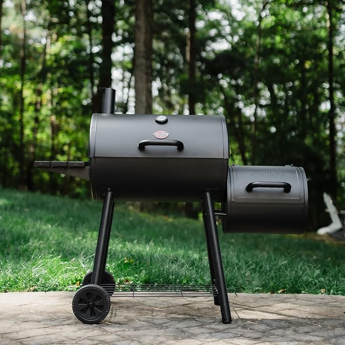 Char-Griller®Smokin Pro Charcoal Grill and Offset Smoker with Side Fire Box, Dual Damper Control, Chrome Plated Steel Warming Rack, 1,130 Cooking Square Inches in Black, Model CG30044223