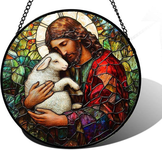 Stained Glass Window Hanging, Jesus Little Lamb Sun Catchers Colorful Glass Panel Christianity Suncatcher Decor for Birthday for Women, Men, Wife, Aunt, and Mom 11.8x11.8 in