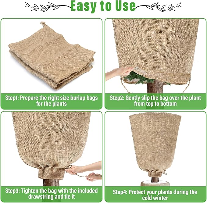 Riare 4 Packs 24 × 40 Inch Burlap Winter Plant Cover Bags with Drawstring- Reusable Large Burlap Sack Plant Frost Protector, Plant Frost Cloth Cold Tree Freeze Blanket for Outdoor Plants Fruit Shrubs