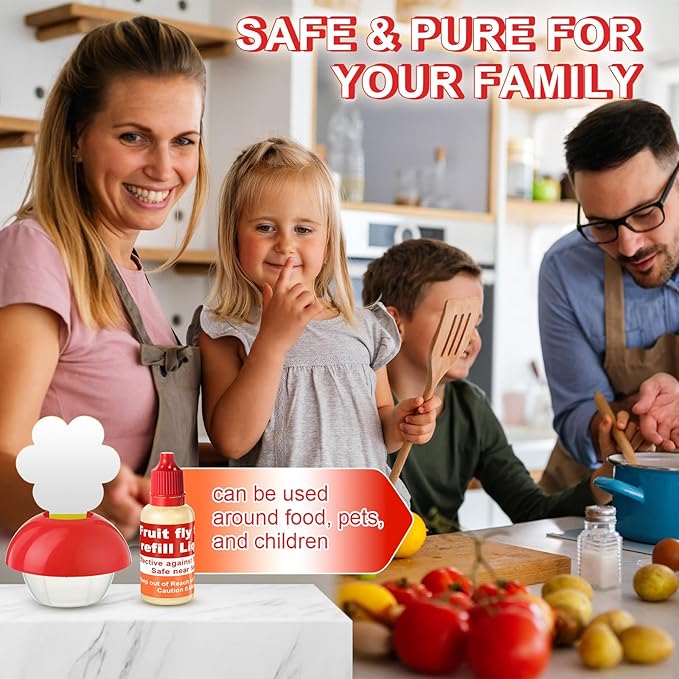 Qualirey Fruit Fly Trap for Indoors, 4 Pack Fruit Fly Trap with 4 Refill Liquid and 60 Yellow Sticky Pads, Safe Near Pets, Food and Kids, with Lure Refill Liquid for Home Kitchen (Red)