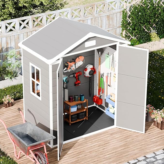 Resin Storage Shed 6 x 3 FT: Outdoor Resin Sheds with Floor, Plastic Waterproof Patio Outdoor Storage Shed with Lockable Door & Windows,Tool Sshed Storage for Garden Backyard Patio Lawn, Brown