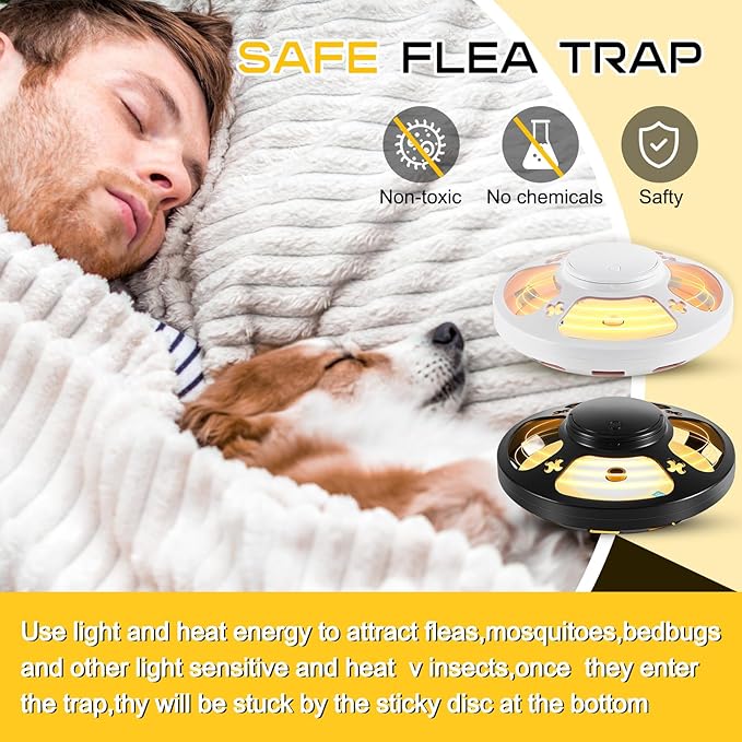 4 Pcs Flea Traps for Inside Your Home with 8 Sticky Pads, Bed Bug Tick Killer Flea Light Gnat Traps Pest Control, UV Night Light Bug Catcher for Bugs Moths Gnat Indoor and Outdoor(White,Black)