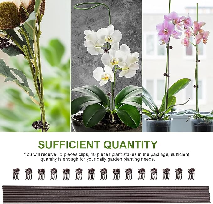 10PCS Garden Metal Plant Stakes with 15PCS Vine Fixing Clip Set, 15.75inch Tall Single Stem Flower Stakes, Bendable Plastic Coated Garden Plant Stakes Holder for Amaryllis Orchid Lily Rose(Brown 40cm)