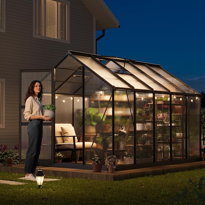 Greenhouses, 6x10 FT Greenhouse for Outdoors, Polycarbonate Greenhouse with Roof Vent, Ground Nails, Lockable Hinged Door, Aluminum Large Walk-in Green House for Outside Garden Backyard, Patio, Lawn