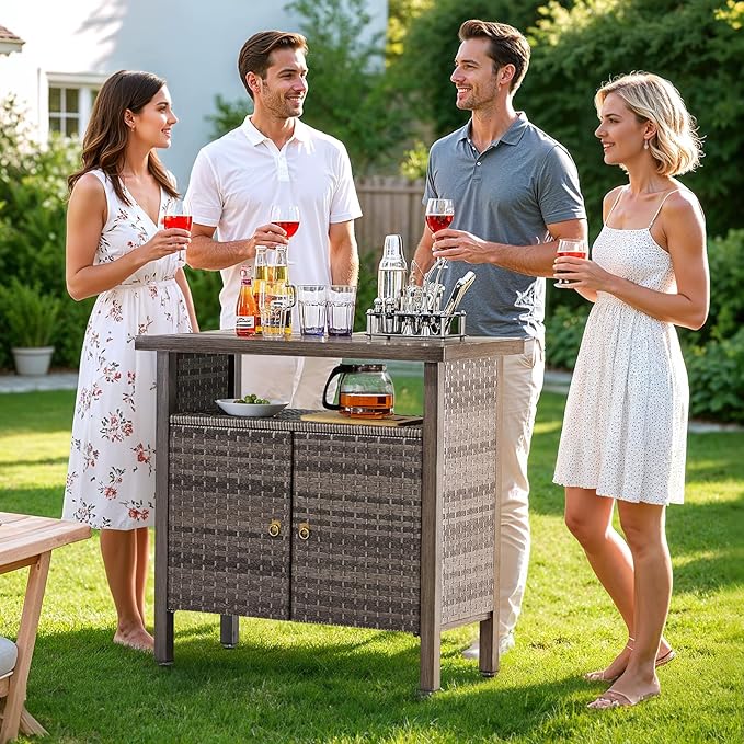 Outdoor Storage Cabinet, Woven Rattan Bar Table with 2 Doors, Slatted-Top, Wicker Console Table for Patio, Garden, Backyard, Kitchen - Brown