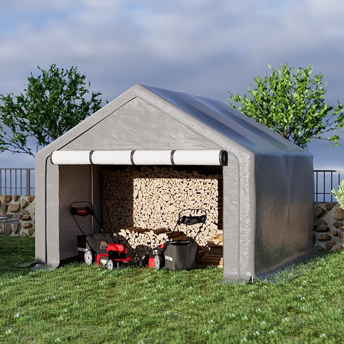 Outdoor Storage Shelter, 10x10 ft Portable Shed with Roll up Zipper Door, Waterproof and UV Resistant Anti-Snow, Heavy Duty Carport for Storing Garden Tools, Outdoor Equipment