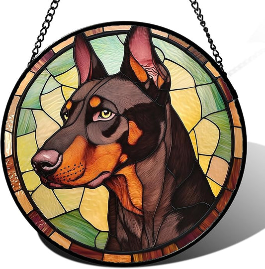 Stained Glass Window Hanging - Funny Dark Brown Doberman Pinscher Suncatcher for Door Terrace Garden Home Decor, Pet Dog Sun Catcher Birthday Gifts for Lovers Women Men Dad Mom Nana 6.3 in