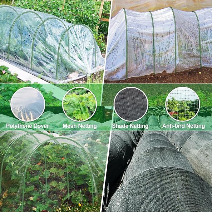 FOTMISHU Garden Hoops, 10PCS Greenhouse Hoops Rust-Free Grow Tunnel, All-in-one 23.6" x 25.6" Garden Stakes with Plastic Coated Plant Supports for Raised Beds Row Cover Garden Fabric