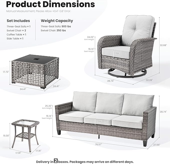 ovios 5 Pieces Patio Furniture Set, Outdoor Wicker Sofa Couch with Rocking Swivel Chairs Solar Lights Table, Modern Deep Seat Rattan Conversation Sets for Porch Deck, Grey
