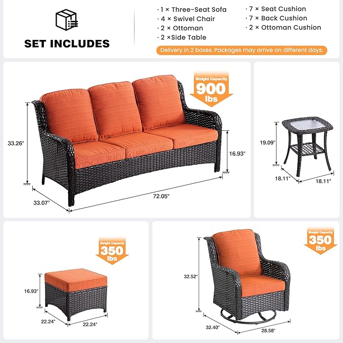 ovios 9 Pieces Patio Furniture Set, Outdoor Wicker Sofa Couch with Swivel Chairs Ottomans Comfy Cushions, All Weather High Back Modern Conversation Sets, Brown Rattan, Orange Red