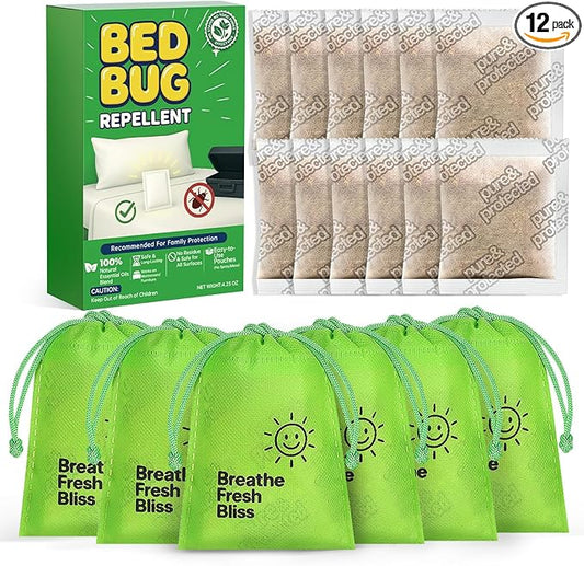 12 Pack Natural Bed Bug Repellent Pouches, Plant Based Long-Lasting 2 Month Protection Against Bedbugs, Dust Mites & Fleas, Safe for Mattress, Luggage, Furniture & Travel, No Residue Non-Toxic Formula