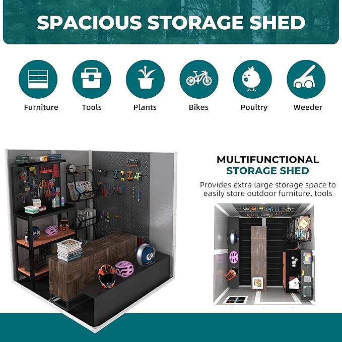 Resin Storage Shed 6x6ft Outdoor Storage Sheds with Floor & Window, Lockable Doors and Vents, Small Tool Shed with Sloped Roof, Sheds for Backyard, Garden, Patio, Lawn (Light Grey, 6 * 6ft)