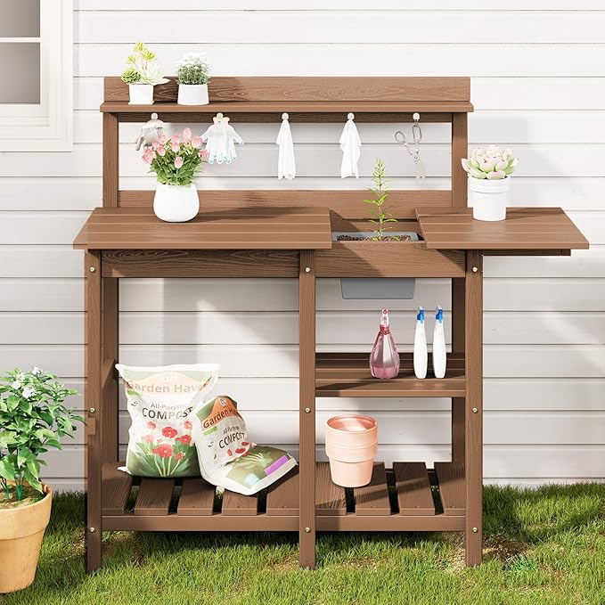 SERWALL Potting Bench Outdoor Potting Table with Sink, HDPE Teak Potting Benches for Outside Gardening Table All Weather Use- Brown