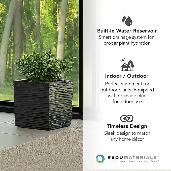Tierra Verde Indoor & Outdoor Self-Watering Square Planter, Citadel Serenity, 14”, Black - Planting Containers for Plants and Flowers - Gardening and Landscaping Accessories
