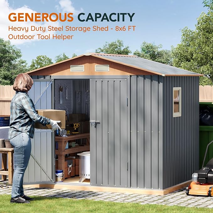 6x8FT Metal Shed & Outdoor Storage Shed with Floor Frame,Steel Tool Multi-Used Shed with Vents,Lockable Doors,Window,Compact Tool Shed for Backyard, Patio, Lawn and Garden Various Storage(Matte Gray)