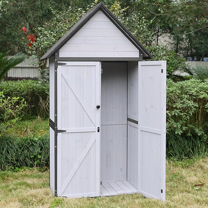 Aivituvin Storage Shed Outdoor Cabinet with All-Around Strong Metal Frame Wooden Tool House with Adjustable Shelfs and Floor,Waterproof Roof (White)