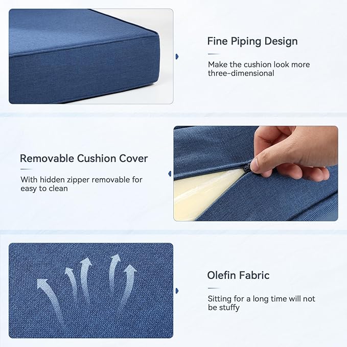 Luxury 6" Outdoor Cushions for Patio Furniture, 24x24x6 Thick Seat Cushion Set of 2, Fade Resistant Couch Chair Replacement Cushions High Density Deep Wicker Chair Cushion w/Removable Cover, Blue